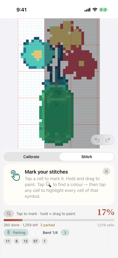 Mark off every stitch with a tap